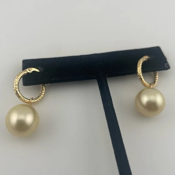 18K Gold Huggie Earrings with Champagne South Sea Pearl Drops 12mm - Picture 5 of 16